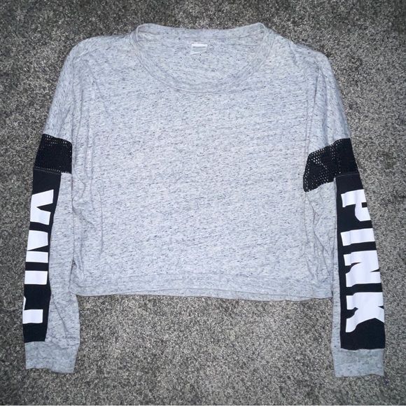 VS PINK Gray Long Sleeve Mesh Sleeve Crop Top Size M - Picture 1 of 12